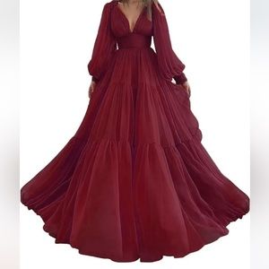 Long Sleeve Tulle V Neck Puffy sleeve Formal Evening Gown